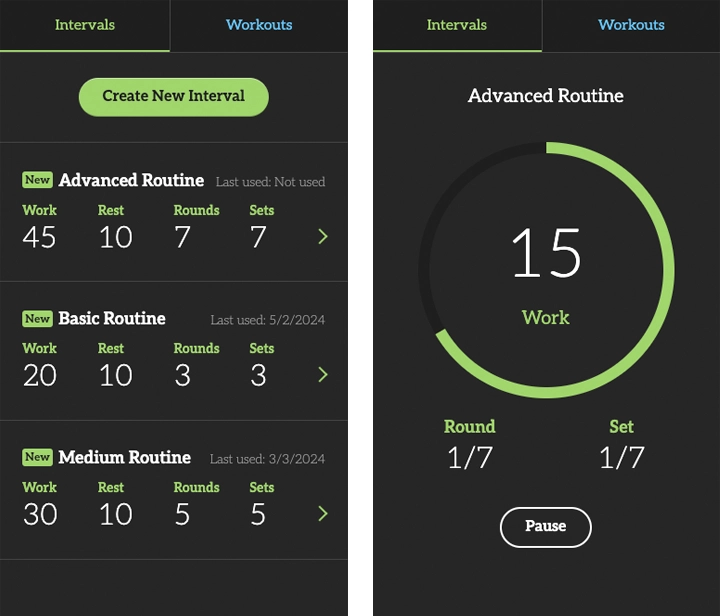 Screen shot of intervals and workouts app